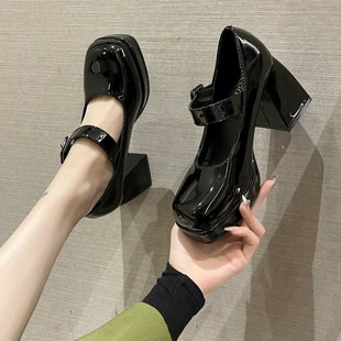 Coarse Female Heel Shoes Bright Retro Temperament