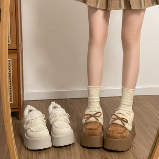 cotton shoes fleece bowtie thick winter Burkon Retro women