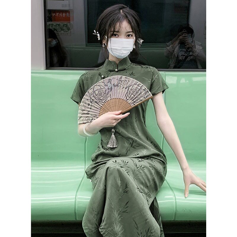 绿色改良版旗袍民国风素雅复古高端年轻款少女古法无省文艺学生裙