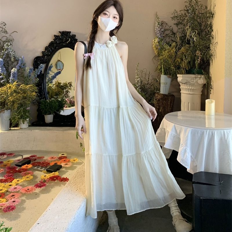 温柔风立体花朵挂脖连衣裙女夏季海边度假仙女裙气质显瘦A字长裙