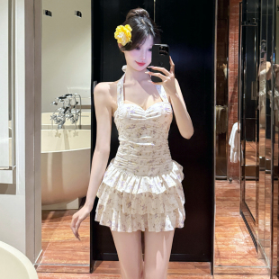 绝美纯欲小胸聚拢挂脖遮肉显瘦微胖女孩连体裙式 学生甜妹泳衣女夏