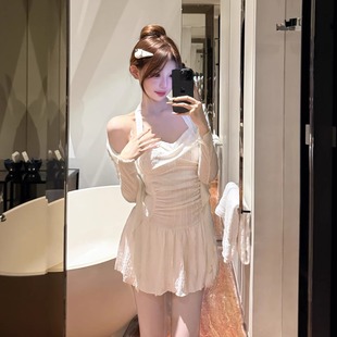 泳衣女小胸聚拢遮肉保守白色甜美少女二件套泳装 2025新款 连体裙式