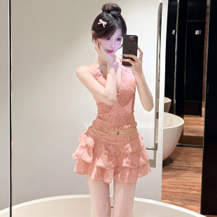 绝美新款高级感保守可爱少女小胸聚拢粉色显白遮肉分体泳衣女海边