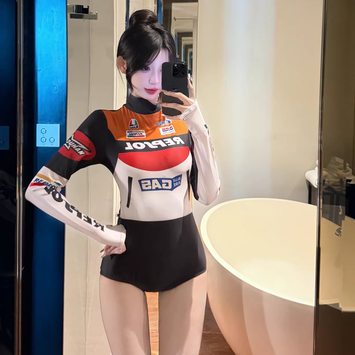 冲浪拉链潜水服小胸遮肉连体泳衣