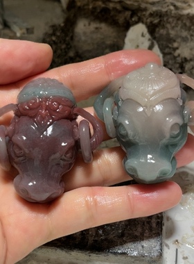 来料加工紫绿玛瑙牛手把件