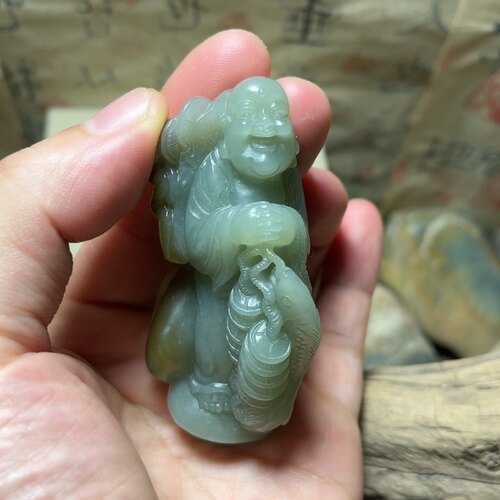 来料加工和田玉弥勒佛手把件 可售