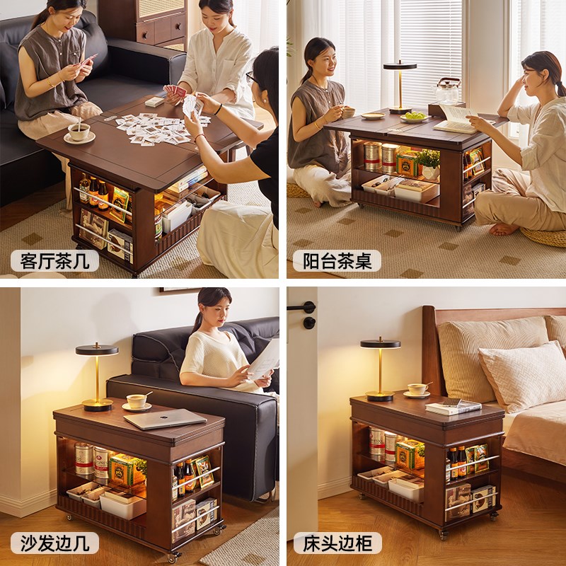 实木折叠茶几桌小户型边柜可移动式小推车家用客厅沙发边几茶台图片