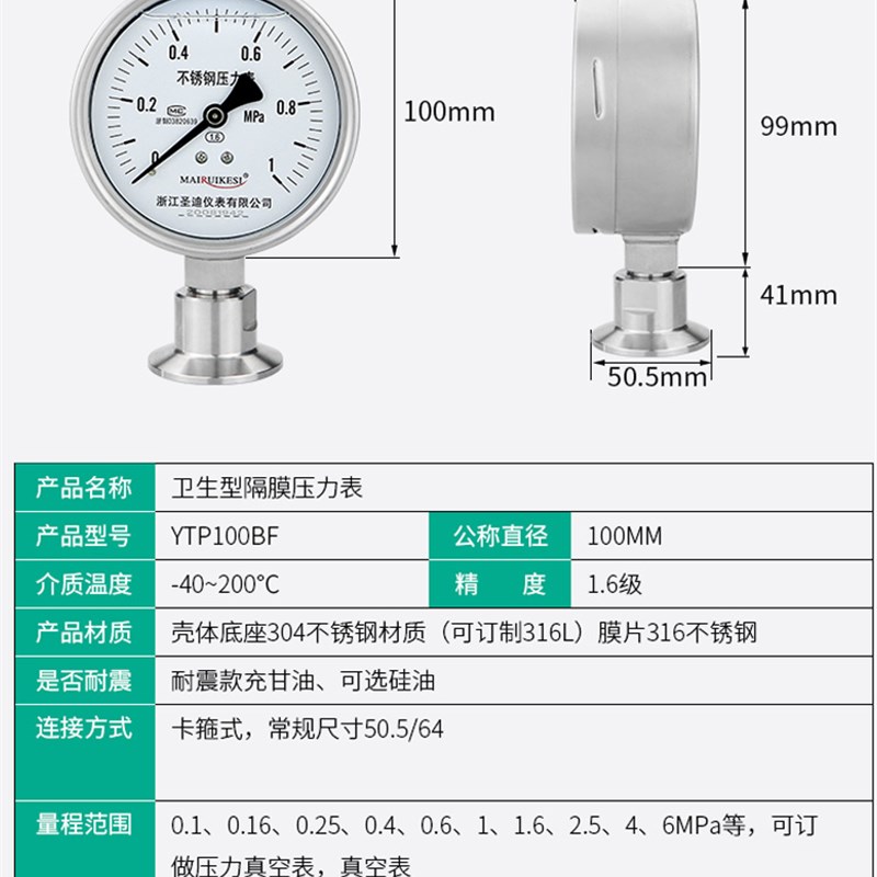卫生型隔膜压力表YTP100BF/MC 不锈钢卡箍快装压力表膜片卡盘50.5