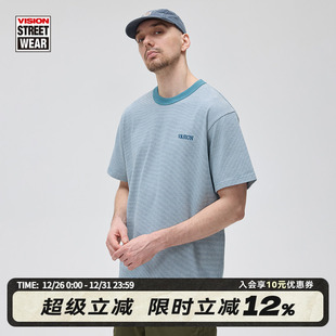 T恤男女 街头oldschool宽松落肩复古条纹圆领短袖 VISION官方 美式