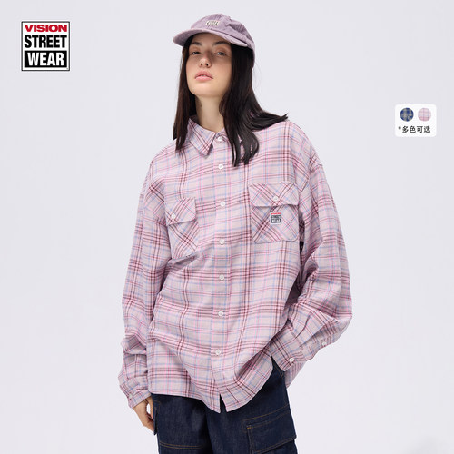 VISION官方 美式复古经典棉麻色织格纹长袖衬衫外套