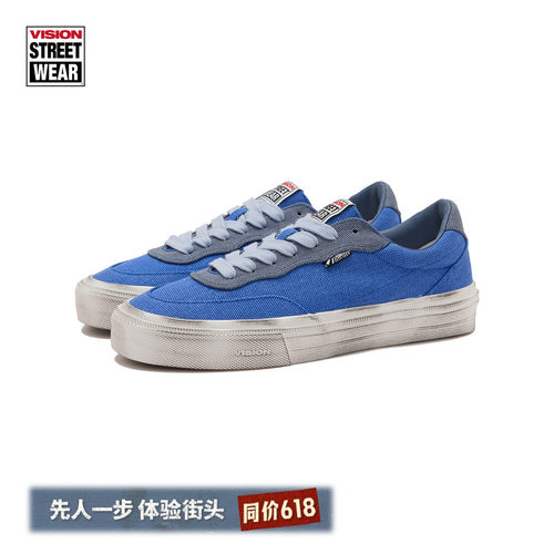 VISION官方 FLAT TOP水洗做旧落色蓝低帮帆布美式复古滑板鞋
