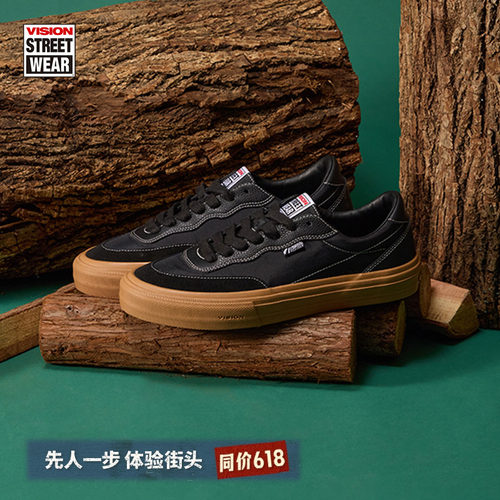 VISION官方  FLAT TOP生胶黑低帮翻毛皮拼接街头运动滑板鞋男女款