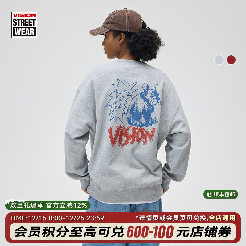 VISION官方 美式复古宽松落肩套头圆领长袖卫衣复刻历史图案25新