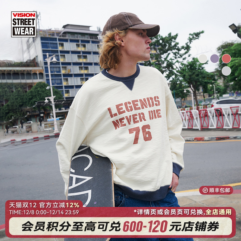 VISION官方 Legends Never Die美式复古宽松圆领卫衣男女25春4色