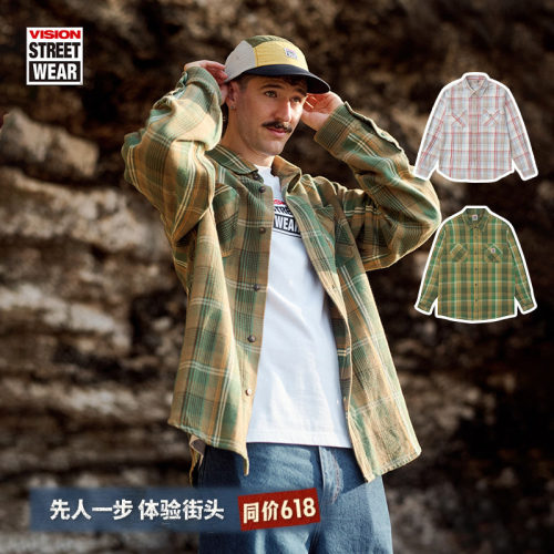 VISION官方  美式复古格纹宽松工装长袖衬衫外套2色