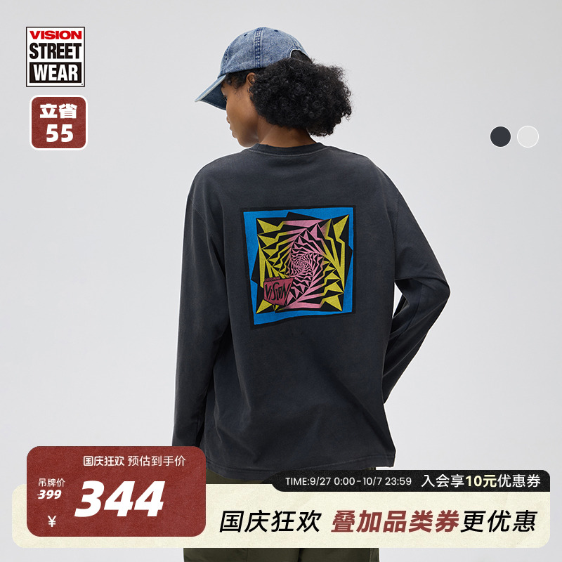 VISION官方 复刻历史图案美式复古磨破做旧vintage圆领长袖T恤2色