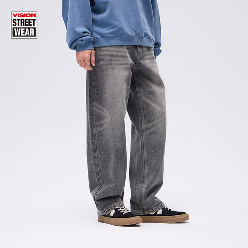 VISION官方  美式复古经典宽松猫须直筒水洗牛仔长裤男女26早春新