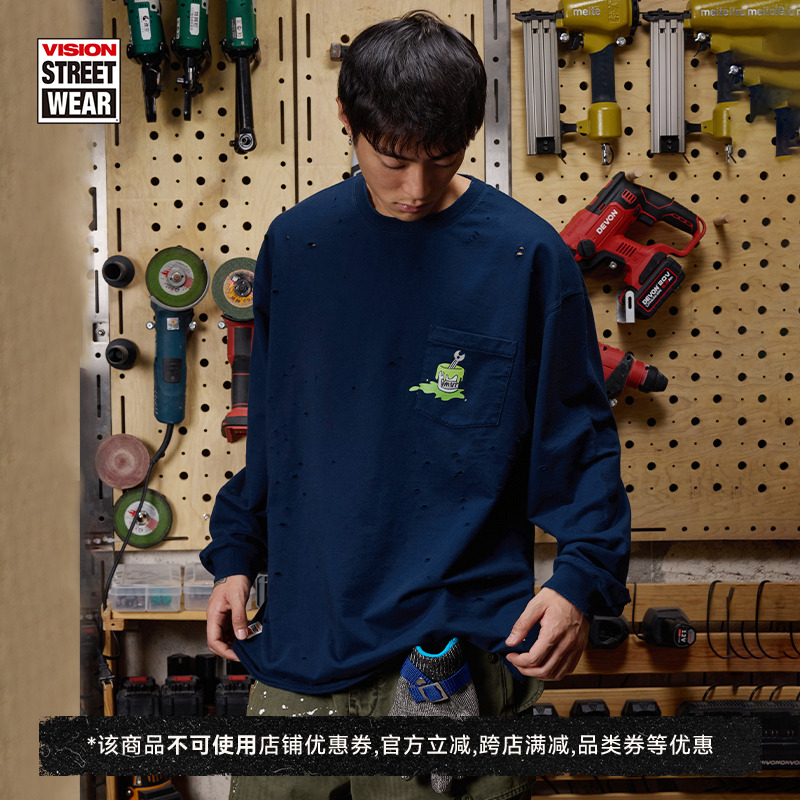 VISION×Hardware联名限定 复古PSYCHO印花破洞口袋圆领长袖T恤