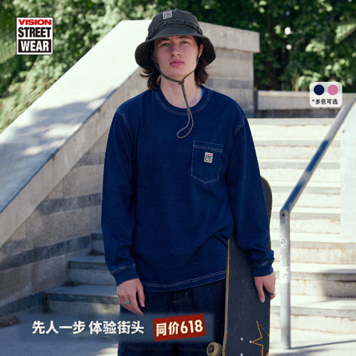 VISION官方 美式复古印花做旧水洗口袋经典BOGO圆领长袖T恤
