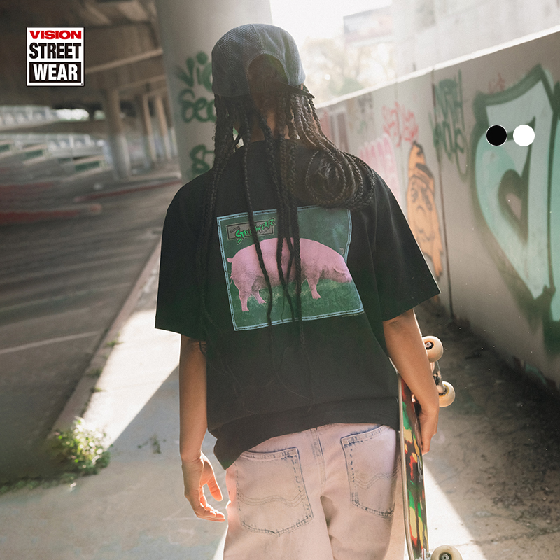 VISION官方 复刻系列“pink pig”做旧街头圆领短袖T恤男女秋新款