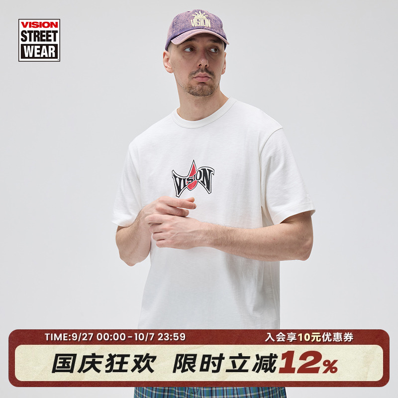 VISION官方 美式街头复古竹节棉复古logo印花圆领短袖T恤男女2色