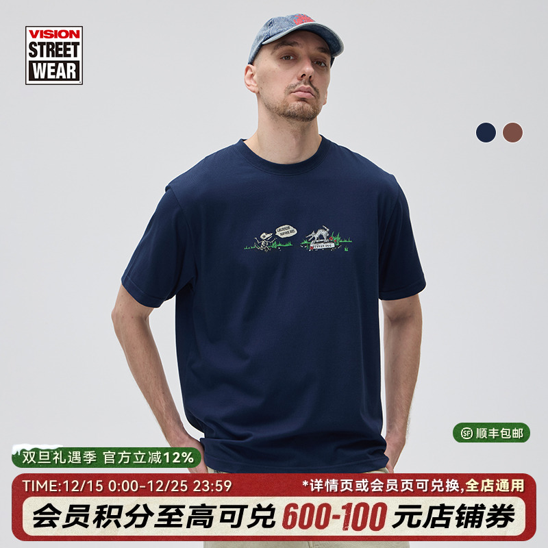 VISION官方 Psycho dog美式复古趣味插画圆领套头短袖T恤男女2色