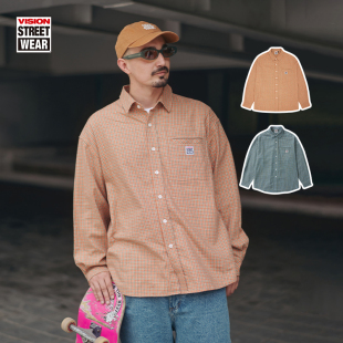 2色男女同款 VISION官方 衬衫 复古定织格纹宽松长袖 美式