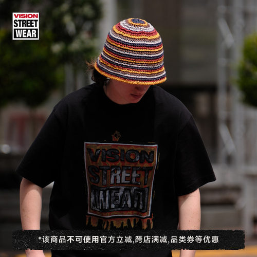 VISION官方 美式街头棉草纱镂空编织撞色条纹针织渔夫帽