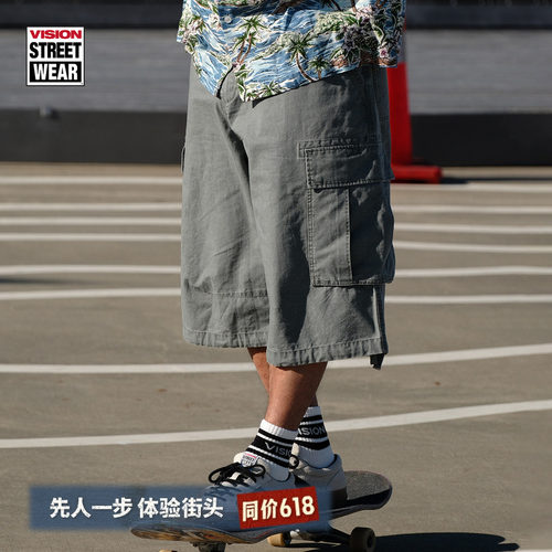 VISION官方 美式复古水洗多袋宽松休闲工装七分短裤