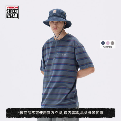 VISION官方 美式街头oldschool条纹提花水洗做旧圆领短袖T恤