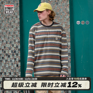 T恤男女同款 复古街头炒洗做旧条纹圆领套头长袖 美式 VISION官方