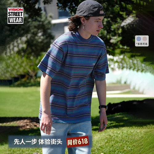 VISION官方 美式街头oldschool条纹提花圆领短袖T恤