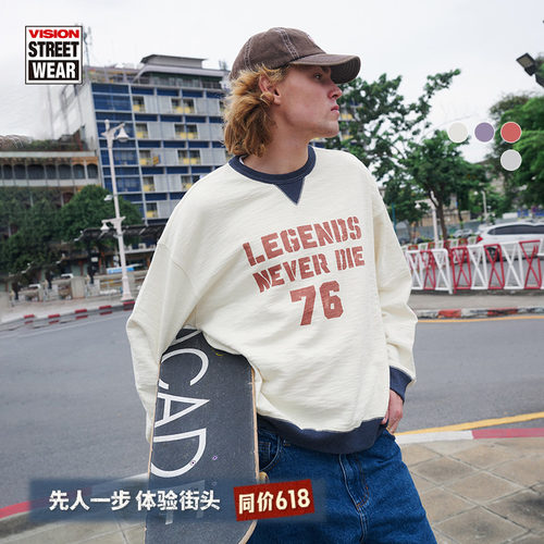 VISION官方 Legends Never Die美式复古宽松圆领卫衣男女25春4色