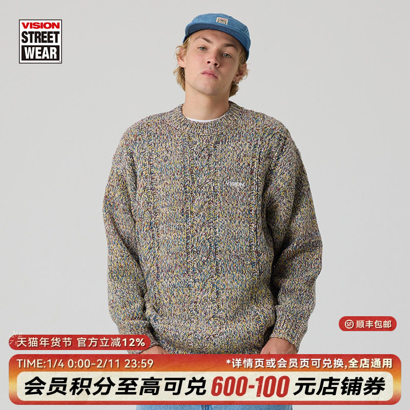 VISION官方 美式复古混纱提花宽松圆领套头针织毛衣男女,运动服/休闲服装,运动毛衣/线衫,淘宝优惠券,粉丝福利购,淘宝优惠卷