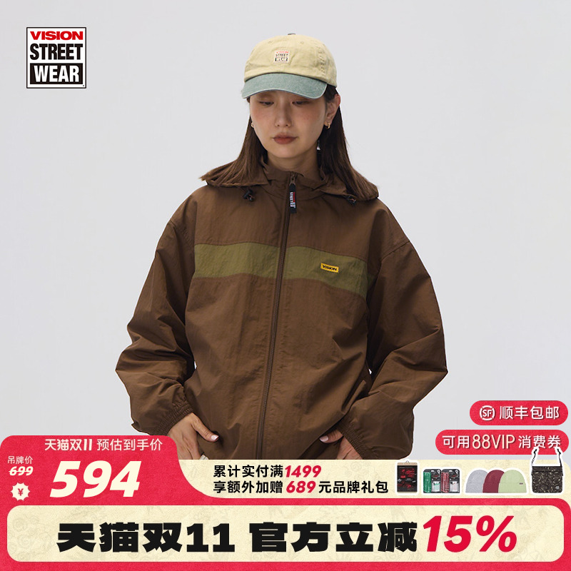VISION官方 美式复古可拆卸连帽夹克运动防风外套2色男女新款