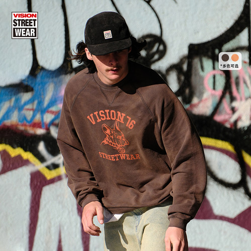 VISION官方 美式复古印花图案水洗做旧宽松圆领卫衣男女秋新款2色