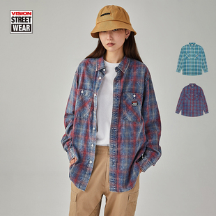 衬衫 VISION官方 长袖 复古街头水洗做旧格纹工装 外套男女 美式