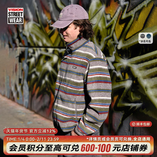 VISION官方 美式复古立领开襟卫衣摇粒绒条纹外套男女秋新款2色