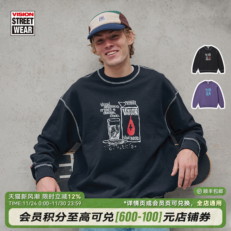 VISION官方  历史复刻图案NEW BLOOD宽松圆领套头卫衣2色男女秋新