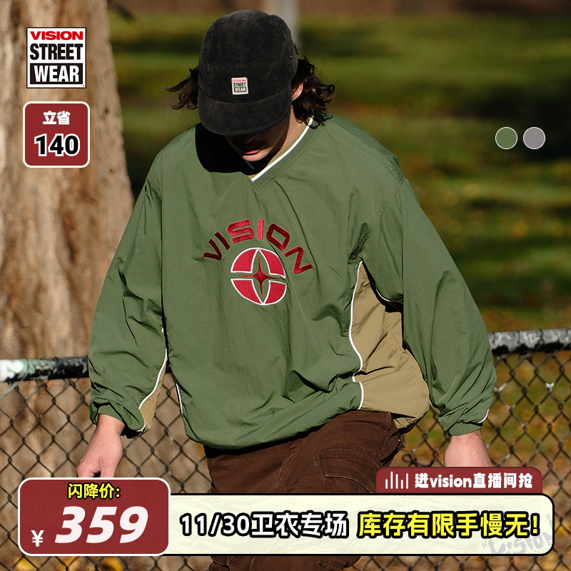 VISION官方 美式复古EYE-V刺绣图案撞色V领球衣套头衫男女秋新款