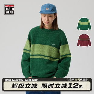 毛衣男女2色可选 复古拼接撞色套头落肩针织衫 VISION官方 美式