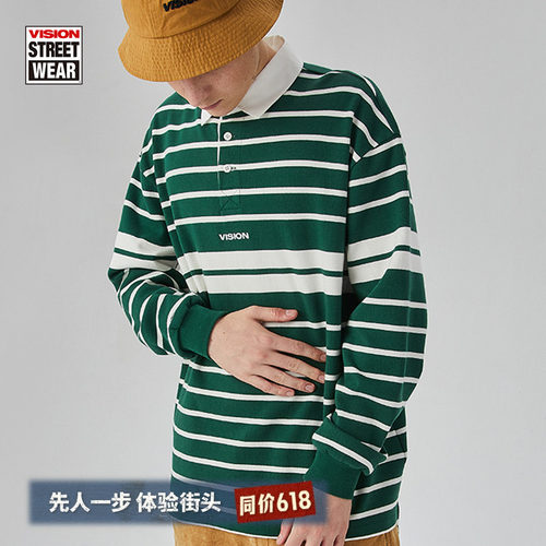 VISION复古街头绿色条纹长袖POLO衫男女同款春秋季潮流上衣