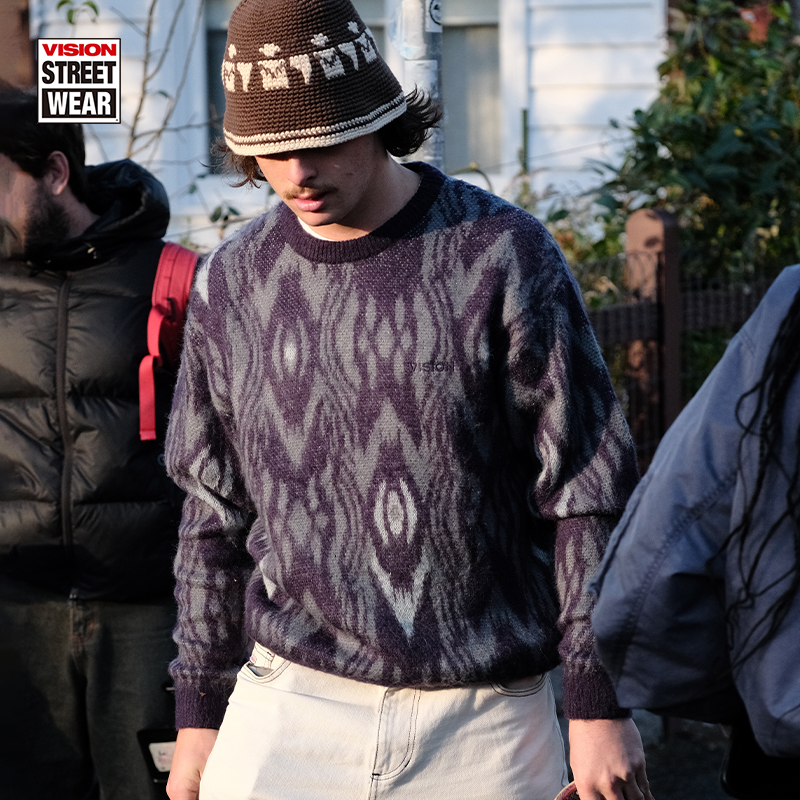 VISION官方 美式复古羊毛马海毛复刻提花宽松套头毛衣男女2色新款