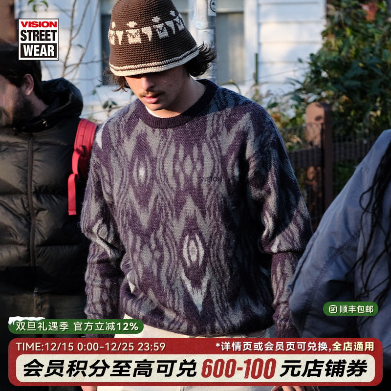 VISION官方 美式复古羊毛马海毛复刻提花宽松套头毛衣男女2色新款