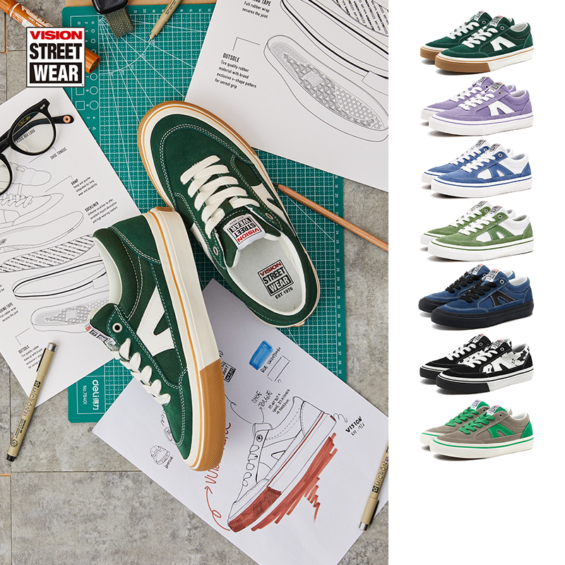VISION官方 STICK复古生胶低帮翻毛皮运动帆布鞋板鞋男女7色可选