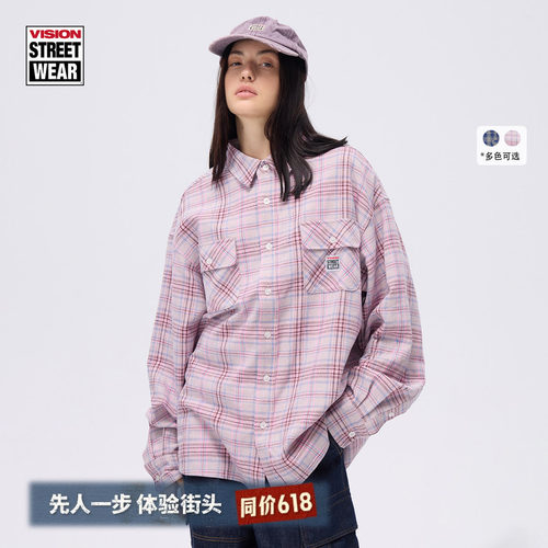 VISION官方 美式复古经典棉麻色织格纹长袖衬衫外套