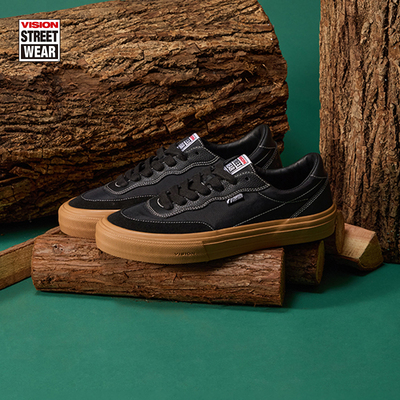 VISION官方  FLAT TOP生胶黑低帮翻毛皮拼接街头运动滑板鞋男女款