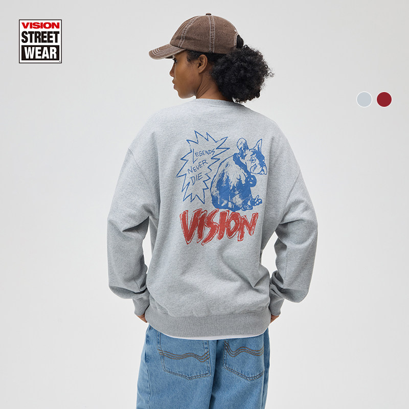 VISION官方 美式复古宽松落肩套头圆领长袖卫衣复刻历史图案25新