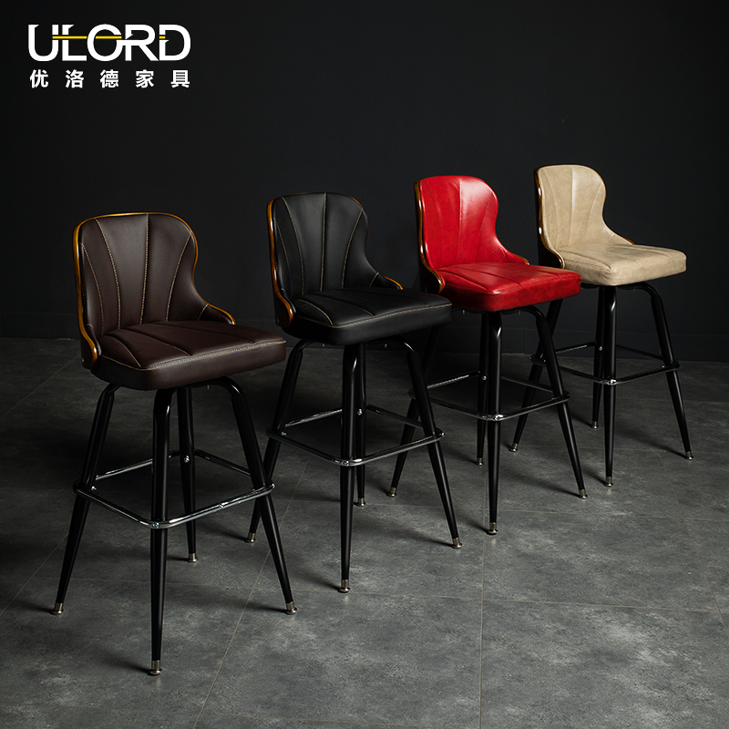 欧式吧台椅实木靠背铁艺酒吧高脚椅吧凳旋转咖啡厅椅家用复古轻奢