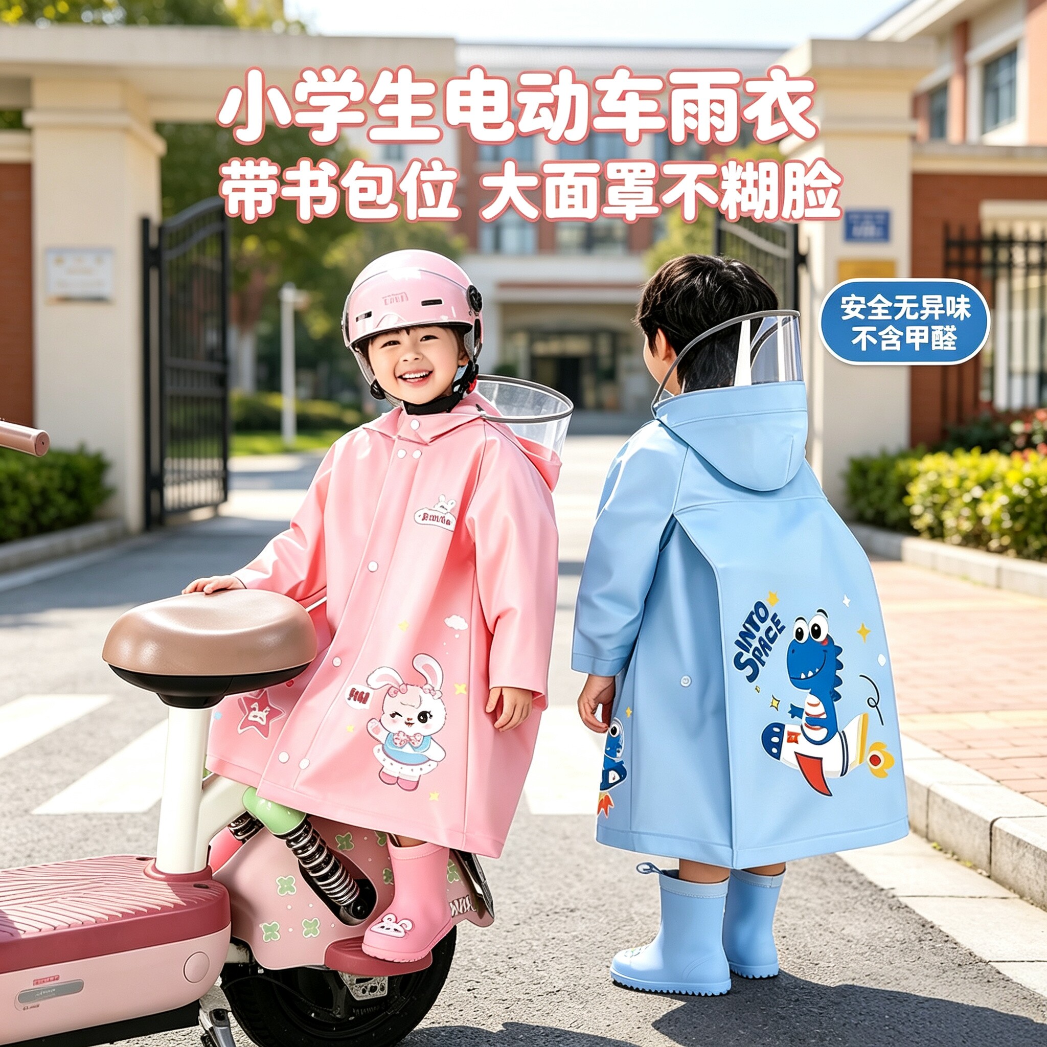 儿童上学坐电车书包位拉链款雨衣